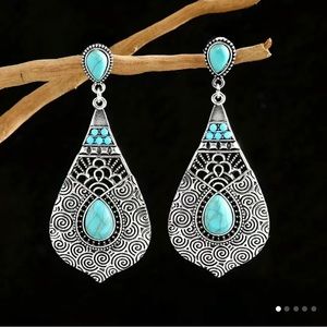 Bohemian Vintage Teardrop Alloy Turquoise Dangle Earrings Women Party Jewelry